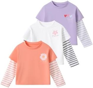 Fdqin Girls Long Sleeve Graphic Tops 3 Packs Stripe Shirt Cute Trendy Tees for Spring, Fall White/Pink/Purple 5-6Years