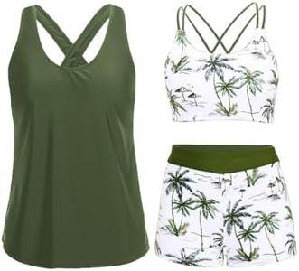 Holipick Green Palm Tree 3 Piece Tankini Swimsuits for Women Tummy Control Bathing Suits Swim Tank Top with Bra Boy Shorts Teen Swimwear 22W