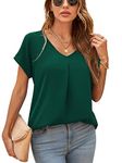 Yommay Blouses for Womens V Neck Ladies Tops Summer Chiffon Blouses Tops Short Sleeve Casual T Shirts(Dark Green,XX-Large)