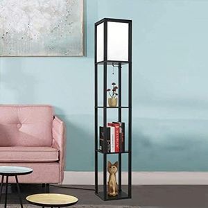 Jaycomey LED Shelf Floor Lamp Asian Wooden Frame Modern Standing Lamps for Living Room Bedrooms Tall Lights with Organizer Storage Display Shelves,Black