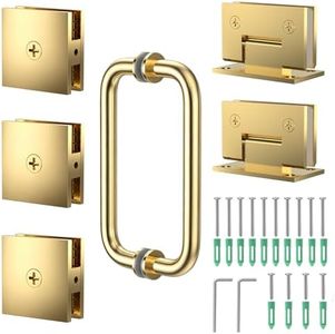 RemixOri Shower Door Hardware Kit 304 Stainless Steel for 6/25"-1/2" (6mm-12mm) Tempered Glass, Hardware Accessories with 8" Handles Hinges Glass Clamp - Brushed Gold