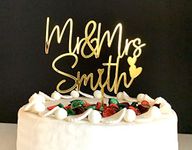 Personalized Wedding Cake Topper with Hearts Mr & Mrs Last Name Calligraphy Bride and Groom Custom Table Centerpiece Customized Wedding Decor Engagement Love Cake Topper Wood, Acrylic, Gold Glitter