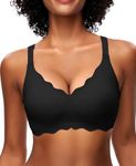DOCUMO Scalloped Bras for Women No Underwire Wireless Seamless T-Shirt Bra with Lift and Support Adjustable Soft Bralettes(Black,Small)