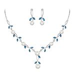 EVER FAITH CZ Crystal White Simulated Pearl Floral Vine Filigree Necklace Earrings Set Sky Blue Silver-Tone