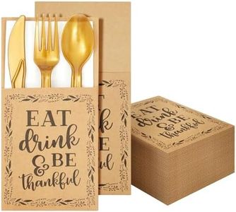 Sparkle and Bash 36 Pack Thanksgiving Utensil Holder - Eat, Drink & Be Thankful - Large Kraft Paper Cutlery Pockets, Silverware Holders for Thanksgiving Holiday Decoration, Party Supplies