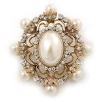 Avalaya Antique Gold Filigree Light Cream Simulated Pearl Corsage Brooch - 60mm L