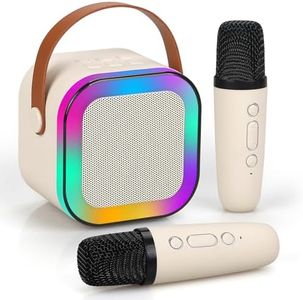 Vebach Karaoke Machine for Kids Adults,Mini Portable Blue-Tooth Karaoke Speaker with 2 Wireless Microphones and Dynamic Lights,Birthday Gift,Home KTV,Outdoor,Travel(Beige)