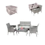 XEO HOME 4 Pc Rattan Garden Furniture Sets 4 Piece Indoor Outdoor Table and Chairs Set Balcony Patio and Conservatory Furniture Sofa Backyard Pool Side Coffee Seater (Mix Grey Rattan With Rain Cover)