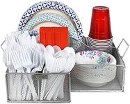 ELTOW Paper Plate Organizer for Countertop w/Handle, 8 Compartment Breakroom Organizer, Utensil Caddy for Parties, Holds Plates, Silverware, Cups, Napkins, Cutlery Caddy Great for Home, RV - Silver