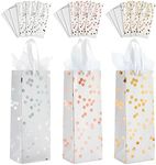 12-Pack Wine Gift Bags with Ribbon Handles and Tissue Paper for Wine Bottles, Liquor, Champagne, Elegant Polka Dot Foil Designs (13.8x5x4 in)