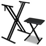Keyboard Stand Piano Bench Set,Double-X Keyboard Stand Adjustable Digital Piano Stand with Lockable Straps,(Piano Keyboard Stand x 1, Piano Bench x 1) , Black