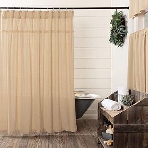 VHC Brands 100% Cotton Burlap Vintage Farmhouse Bath Decor Fringed Shower Curtain- Beige, 72x72