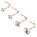 Popuhoops 4pcs 316L Surgical Steel 22g Rose Gold Nose Rings Studs Cubic Zirconia L-Shape Nostrial Piercing Body Jewerly L Shaped Nose Studs 22gauge 1.5mm 2mm 2.5mm 3mm CZ Nose Rings for Women Men