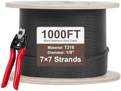 DOZAWA 1000FT Black T316 Stainless Steel Cable with Cutter, 1/8" 7x7 Strands Wire Rope for Deck Railing System Kit, String Lights, Stair Handrail, High Strength for Indoor and Outdoor Use