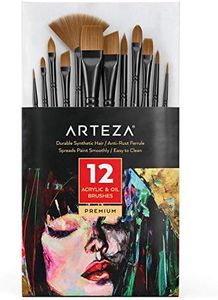 Arteza Paint Brushes, Set of 12, Premium Synthetic Acrylic & Oil Paint Brushes with Brass Ferrules & Wooden Birch Handles, Painting Art Supplies for Beginners and Experts