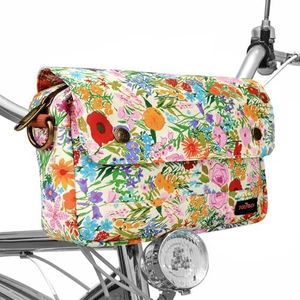 TOURBON Bike Bag Waxed Canvas Bicycle Handlebar Bag Zipper Closure Pouch Crossbar Front Frame Basket Cycling Saddebag Under Seat Strap-on Rear Rack Pannier (Yellow with Flower)
