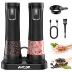 Electric Salt and Pepper Grinder Set, Upgrade 2-Speed Setting, External 5 Adjustable Coarseness, Rechargeable Automatic Salt & Pepper Shakers Mill with Battery Display, Storage Base & Led Light, Black