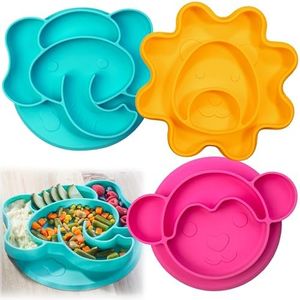 Bentology Animal Silicone Divided Plate Set- 3 Pack(Lion, Monkey, Elephant)- Non-Slip, Unbreakable, Flexible Designs Kids Will LOVE- Compartments for Baby & Toddler Food Training- Food Grade, BPA Free