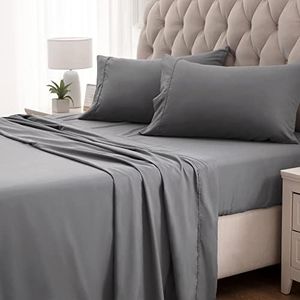 SLEEP ZONE Nanotex Super Soft Cooling King Bed Sheets Set 4 Piece - Easy Care Fitted Flat Sheet & Pillowcase Sets - Wrinkle Free, Fade Resistant, Deep Pocket 16" (Gray, King)