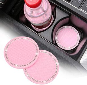 2 Pack Bling Cup Holder Insert Coasters, 2.75 Inch Soft Crystal Rhinestone Rubber Pad Set Round Auto Drink Coaster Car Interior Accessories (Pink)