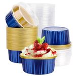 EUSOAR Disposable Ramekins with Lids, Royal Blue 50pcs 5oz Creme Brulee Ramekins Disposable, Muffin Liners Cups，Mini Cheesecake Foil Pans Dessert Containers with Lids for Party Favor Birthday