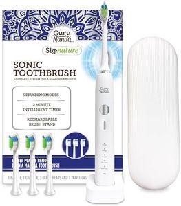 GuruNanda Sonic Toothbrush - 5000 Rechargeable Electric Power Toothbrush with Pressure Sensor, 2 Brush Heads & 1 Travel Case - 5 Brushing Modes & 2 Minutes Smart Timer with Charger Stand - White