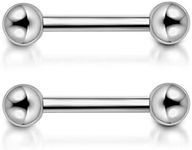 PiercingJ 2pcs Grade 23 Titanium 14G 14mm / 16mm Bar Nipple Tongue Ring Straight Barbell Nipple Rings Body Piercing Jewelry, Titanium,Steel