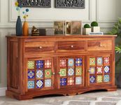 MoonWooden Sheesham Wood Sideboard with 3 Drawer & 3 Door Storage Cabinet for Living Room Bedroom Blue Pottery Pattern Ceramic Tilic Design Sideboard Cabinet (Natural Finish)