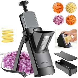 Jonscook 7-in-1 Safe Mandoline Slicer for Kitchen, Vegetable Slicer with Container, Veggie Chopper Cutter, Upgraded Tray & Stainless Steel Grater & Basket & Lid & Cleaning Brush (Black Knight Pro)