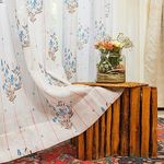 Urban Space Printed Sheer Linen Curtains for Door, 35-40% Light Filtering Linen Textured Decorative Curtains with Eyelets and TieBack for Bedroom, Set of 2 Curtains, (Door - 7 ft x 4 ft, Blue Dahlia)