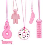 5Pcs Sensory Chew Necklace, Pink Teether Chew Toys for Autistic Children, Anxiety, Biting Needs Silicone Chewy Teether Toy Made of Food Grade Silicone for Kids Teething Oral Motor Chewy