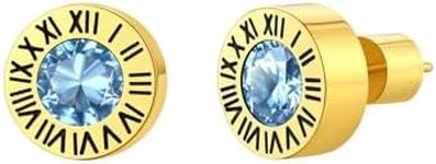 Gold Round Studs for Men Women with Roman Numerals March Birthstone Jewelry Hypoallergenic Button Earrings