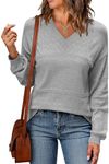 WIHOLL Womens Sweaters Loose Fit Lightweight Long Sleeve Shirts V Neck Crochet Sweater Cable Knit Pullover Tops Fashion Fall Outfits for Women 2024 Grey L