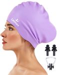 Large Long Hair Swimming Cap with Extra Room for Women Men, Silicone Swimming Hat for Long Thick Hair with Ear Plugs Nose Clip Set, Adult Waterproof Swim Cap Bathing to Keep Hair Dry(Light Purple)