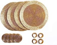 Penguin Home Handcrafted Glass Beaded Round Placemats, Coasters & Napkin Rings Set of 12 - Handmade Table Place Mats for Dining - 32 cm (13") Diameter (Gold)