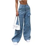 Runstarshow Baggy Jeans for Women Cargo Trousers Y2K High Waisted Denim Pants Women Wide Legs Jeans with Pockets Vintage Casual Fashion Streetwear Size 6-20 for Ladies Tees Girls