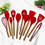 Oren Empower Set of 12 Pcs Silicone Spatula with Wooden Handle / Kitchen Utensil for Cooking, Baking & Mixing / Non-Stick BPA Free / Heat Resistant Item, Flexible Non Toxic Silicon Cookware Tools with Holder- Red