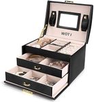 WOT I Jewellery Box Three Layers PU Leather Jewelry Storage Oganizer Built-in Mirror Lockable Compact Size Makeup with Lock for Girls and Women's Gift (Color : Black)