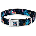 Buckle-Down Seatbelt Buckle Dog Collar - Stitch Snacking Poses Black/Blue - 1" Wide - Fits 11-17" Neck - Medium