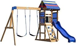 Backyard Discovery Bay Pointe All Cedar Wooden Swing Set, Large Upper Deck with Canopy, Sandbox, Rock Wall, Slide, Two Swings, Chalkboard