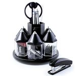 Exerz Black Desk Organiser, Rotating Pen Tidy with 5 Accessory Boxes, Stationery Kit Including: Scissors, Ruler, Eraser, Clips