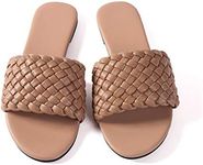 Women Flat Sandals Woven Leather Flip Flops Slides Comfort Handmade Weave Flops Summer (Weave Nude 2, 8)