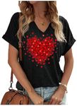 Valentine's Day V Neck T Shirts Womens Funny Double Heart Graphic Shirts Valentines Gift Tshirt Short Sleeve Couple Tops, Black, X-Large