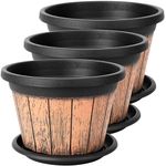 BELLE VOUS Pack of 3 Plant Pots 9 Inch/23cm - Resin Whiskey Barrel Planters with Drainage Holes & Trays - Plastic Decoration Flower Pots Wooden Barrel Design for Indoor Outdoor Garden