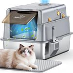 Stainless Steel Cat Litter Tray, XXL Litter Box with 105° Flip Lid, Detachable Metal Large Pet Toilet with Fresh Air Deodorization System, High Sided Litter Tray with Deodorizing Block, Mat and Scoop
