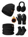 UMIPUBO Knitted Hat and Scarf Set 5 PCS Thermal Winter Sets Warm Plush Ear Warmers Knitted Scarf Beanie Hat and Touch Screen Gloves Set Ski Women Outing Earmuffs Socks Set for Outdoor Sports, Black