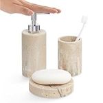 Navaris Decorative Bathroom Accessories Set - 3-Piece Bath Accessory Kit with Toothbrush Holder Liquid Soap Dispenser and Soap Dish Tray Set - Stone