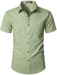 ZEROYAA Men's Fitted Cotton Linen Casual Short Sleeve Button Up Shirts Lightweight Beach Tops with Pocket, Bean Green, Large