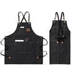 Vikuces Kitchen Apron for Men Women, Chef BBQ Grill Work Apron with Pockets, Cotton Canvas Heavy Duty Work Apron, Adjustable Neck Strap Tools Apron for Garden, Craft Workshop and Garage (Black)