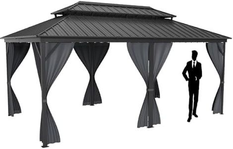 12x20FT Hardtop Gazebo, Galvanized Steel Double Roof Aluminum Pergola with Curtains & Mosquito Net, Permanent Outdoor Pavilion for Patio, Lawn, Garden, Party